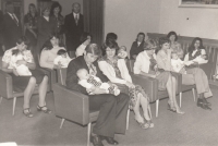 Welcome ceremony in Hořice na Šumavě, with his wife on the left in the front row, 1977