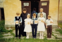 Holy Communion in Černice with P. František Hranáč (Jan on the right), 1991