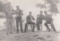 With friends from the band during a performance in Split (accordion), 1969