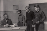 At the primary school in Týn (centre) during a mathematics lesson with teacher Josef Černý, 1950s.
