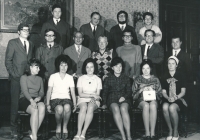 At the Institute of Economics of the Czechoslovak Academy of Sciences; Josef Kreuter is top right next to Václav Klaus, Livia Klausová is second right in the front row, 1969