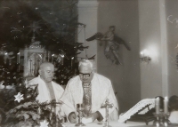 Josef Fabík (from left) and Pavel Zíbal at the wedding service of the Husák couple
