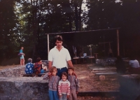 Pavel Husák with children at St. Gorazd's Days on St. Kliment's Mountain (Klimentek), 1990s