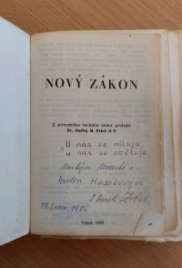 A copy of the New Testament with a personal dedication by Pavel Zíbal for the Husák family