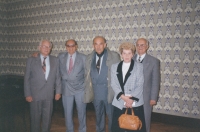 Membership meeting of the KPV Náchod in the Beránek Hotel, from left Miloš Slabák, vice-chairman of the KPV Náchod Vladimír Bachtík, chairman of the KPV Náchod, Ruda Macek, KPV Nová Paka Blanka Čílová, chairman of the KPVČ JUDr. Stanislav Drobný, 21 September 1996