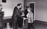 Presentation of the recognition of the Third Resistance member to Věra Št'ovíková on 28 November 1992