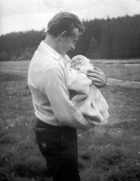 Brother Gerhard with daughter of Anna Fabiánová . The forest in the back, where the German army deployed cannons in April 1945.