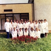 Anna Fabiánová (second row, third from right) in front of the main building of the Zempro poultry farm in Opava Kateřinky