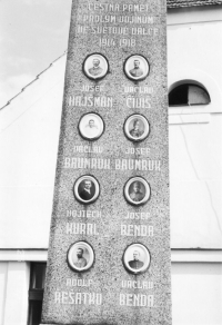 Monument in Nebílovy erected in memory of the fallen soldiers in the First World War, on which the name of the maternal grandfather, Josef Hajšman, who fell in 1915 on the Eastern Front near Lublin, is mentioned first