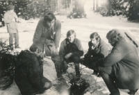 Zdeněk Bartl (second from right) with other tramps, Sedlice, 1972