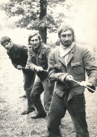 Zdeněk Bartl (first) with other tramps around Chotěbor, 1972