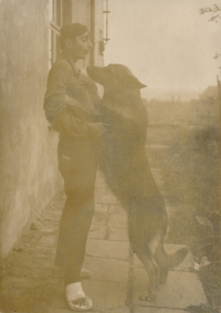 Zdeněk Bartl with his service dog Greif, in Josefov, 1970