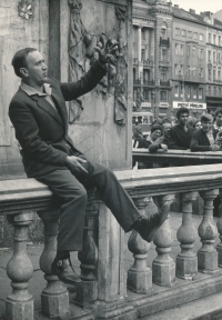 Jan Novák, leader of the Brno bohemian scene, at Freedom Square in the 1960s