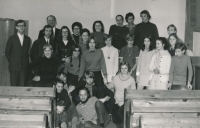 Witness standing in the first row from the left in the Evangelical prayer room in Mladá Boleslav at a youth meeting with pastor Alfred Kocáb, autumn 1973