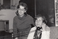 Sister Jana with her mother Edith at the FF UPOl gatehouse, calling Peter abroad, circa 1980s