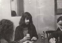 Oldřich Stibor Theatre, cards in the technicians' dressing room - 70s, Petr Bukva on the photo in the middle