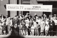 Celebration of May Day in Olomouc, Tomáš Hradílek and Rudolf Bereza, holding a banner: 'Charter 77 encourages civic courage!', 1987