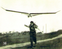 Jan Břinek with a glider model (3 m wing span), 1951