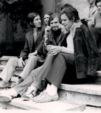 Jan Rydl (centre) with Josef Verfle (left) and Blanka Černíková (right) during an excursion organized by the Faculty of Education of the University of Hradec Králové, 1973