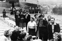 Witness's grandmother Marie Jelínková (centre, white sweater) in a mandatory ROH (trade union) meeting, 1950s