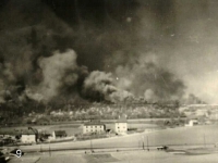 Burning Kbely airfield viewed from Hloubětín after an air raid on 16 April 1945