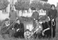 The Flowers 1 and The Flowers 2 in front of ZK JKP in Chrudim in 1970. From the left Jan Rydl (F1), standing Frantisek Jägermann (F2), Jiri Cerny (F1), Emil Pospisil (F1), standing Jiri Alexa (F2), Lubos Picek (F2), Ladislav Bleha (F2) and Pavel Sůra (F1)