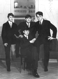 The Pupils photographed by Vladimir Mostecki in the hall of the Regional Museum in Chrudim, (from left) standing Miloš Podzemský, Jan Rydl, Jiří Novotný and sitting Jaroslav Joska, 1966