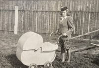 Mum Sylva Trnková with little Sylva in a pram