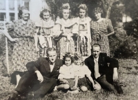 From the left: aunt Růžena, mother's best friend, mother, grandmother, aunt Růžena's son Jára sitting below, mother's sister Alena's friend, aunt Alena, grandfather Josef