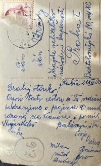 Hana Hrdinová, back of a postcard sent to her father Jan Ursíny in prison, 1950