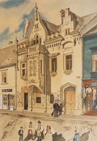 Historical postcard of the Kyjov pharmacy