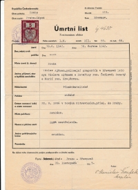 Death certificate of Václav Ajšman, father of the witness, executed for hiding the resistance fighter Václav Morávek