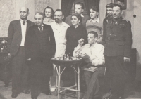 Husband Edwin Marks wearing white glasses in the play The Mother by Karel Čapek in 1955, the play was staged in the local branch of the Cultural Association of Citizens of German Nationality