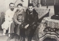 Husband Edwin Marks in white in a theatre performance of Karel Čapek's The Mother, a play staged by the local branch of the Cultural Association of Citizens of German Nationality