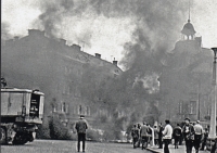 A burning barricade made of tyres in Trutnov towards Náchod during the arrival of Warsaw Pact troops in August 1968