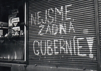 A protest sign on the shutter of a shop window in the centre of Trutnov. A series of photographs by Jaroslav Jirman of the stormy resistance of citizens during the August 1968 occupation