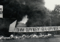 Burning tyre barricade on the approach from Náchod, August 1968
