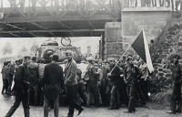 Barricade from a tank under the viaduct behind Trutnov towards the mountains, August 1968