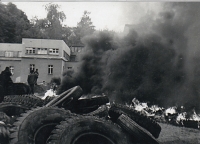 A burning barricade made of tyres set up by the citizens of Trutnov in protest against the invasion of Warsaw Pact troops, August 1968