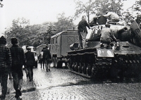 A tank of the occupying Warsaw Pact troops being pulled from a pedestal under the viaduct in Trutnov in August 1968. A series of photographs by Jaroslav Jirman of the stormy resistance of the citizens of Trutnov during the August 1968 occupation
