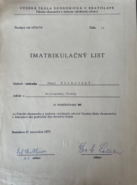Imatrikulačný list Fakulta ekonomika a riadenia výrobných odvetví VŠ ekonomická v Bratislave 