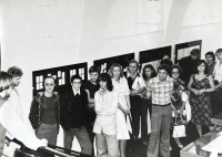 Opening of brother Zdeněk Sedláček's exhibition at the Young Gallery in Brno, 1979. Speaker Jiří Valoch is far left; Zdeněk is third from right in the top row
