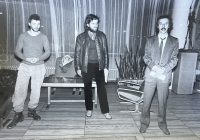 Opening of Vladimír Kokolia's exhibit at the Workers' Theatre in Gottwaldov, 1988, curated by Ivo Sedláček. Left to right: Vladimír Kokolia, Ivo, and Eduard Matula, director of the Regional Art Gallery in Gottwaldov