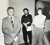 Opening of Petr Nikl's exhibition at the Workers' Theatre in Gottwaldov, 1990, curated by Ivo Sedláček. Left to right: Ludvík Ševeček, Ivo, Petr Nikl