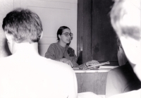 Markéta Koronthályová behind the teacher's desk in Litoměřice