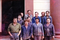 Vilém Lasák (second left, second row) in front of the Divine Saviour Cathedral in Ostrava during its refurbishment, mid-1980s