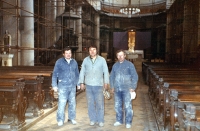 Vilém Lasák (left) in the Divine Saviour Cathedral in Ostrava during its refurbishment, mid-1980s