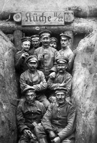 Adéla Lasáková's grandfather Josef Flaška (centre, with glass) in a picture with Prussian soldiers during the First World War