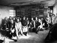 Adéla Lasáková's aunt Marie Flašková (third left, black scarf), JZD Oldřišov, 1960s