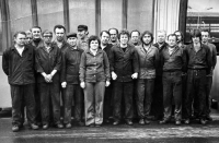 Adéla Lasáková's husband Jiří Lasák (with cap) with his colleagues at work, Ostroj Opava, probably 1970s
